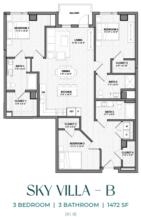 Floor plan for 3 beds, 3 baths, 1472 sqft
